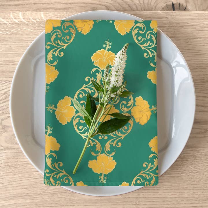 Tovaglioli di stoffa verde, ibisco giallo e damasco dorato, set di 4 tovaglioli damascati verdi, festa di San Patrizio, decorazioni nuziali per la vendita all'ingrosso da parte di Prestige Plume