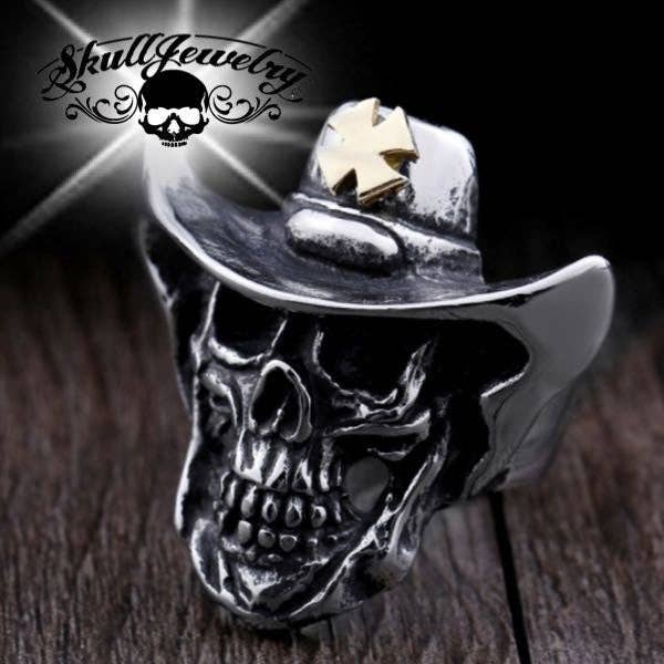 "Bague Crâne de Cowboy 'Wanted Dead or Alive' (#662)" pour la vente par SkullJewelry.com