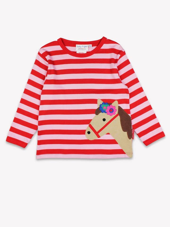 Maglia a maniche lunghe per bambini in cotone biologico, a righe con applicazione di testa di cavallo per la vendita all'ingrosso da parte di Toby Tiger GmbH