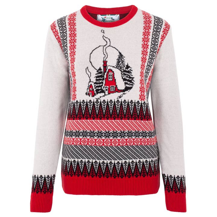 Maglione natalizio ecologico da donna Vintage Christmas Cottage per la vendita all'ingrosso da parte di British Christmas Jumpers
