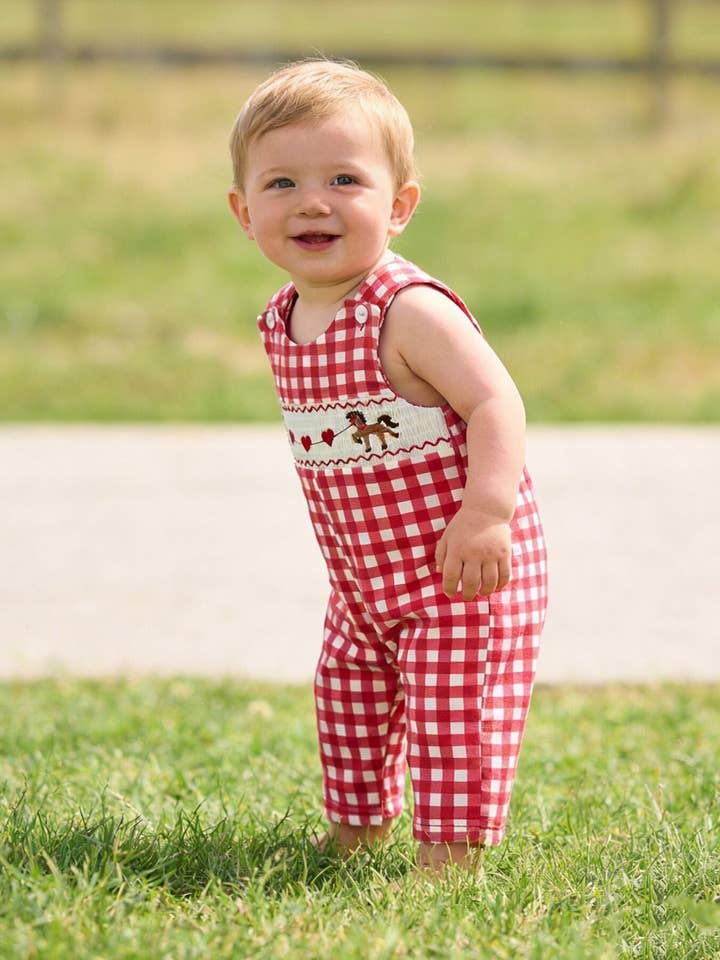 Valentine's Day Plaid Heart Embroidered Pony Boys' Romper for wholesale by Rylee Faith Designs