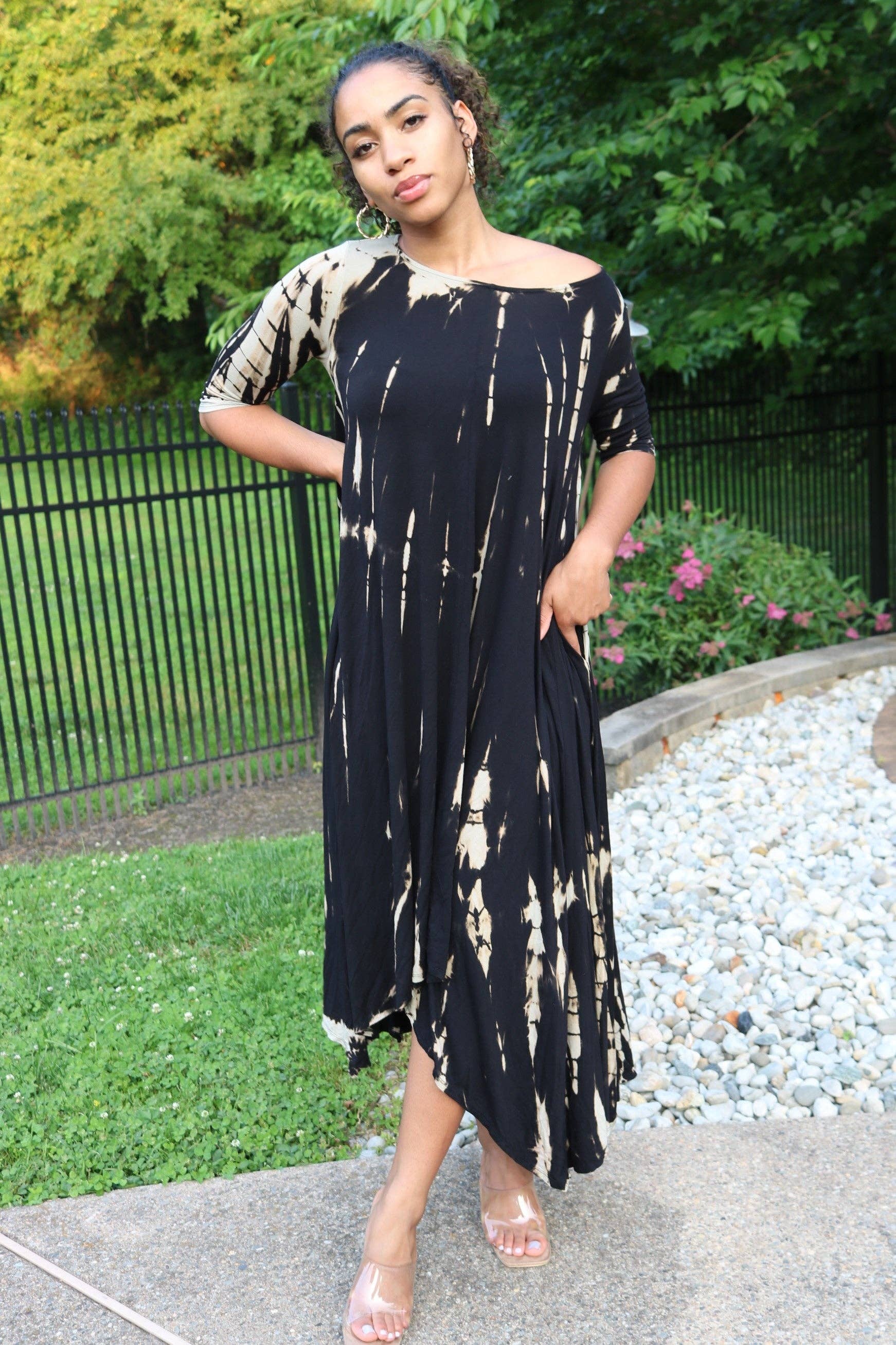Nina Cheyenne Apparel - Wholesale Dress - Women's - Dark Brown Tie Dye Asymmetrical Maxi Dress3