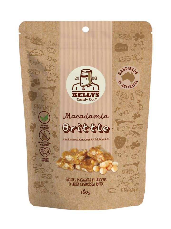 Macadamia Brittle - Pouch 180g (1) for wholesale by Kellys Candy Co.