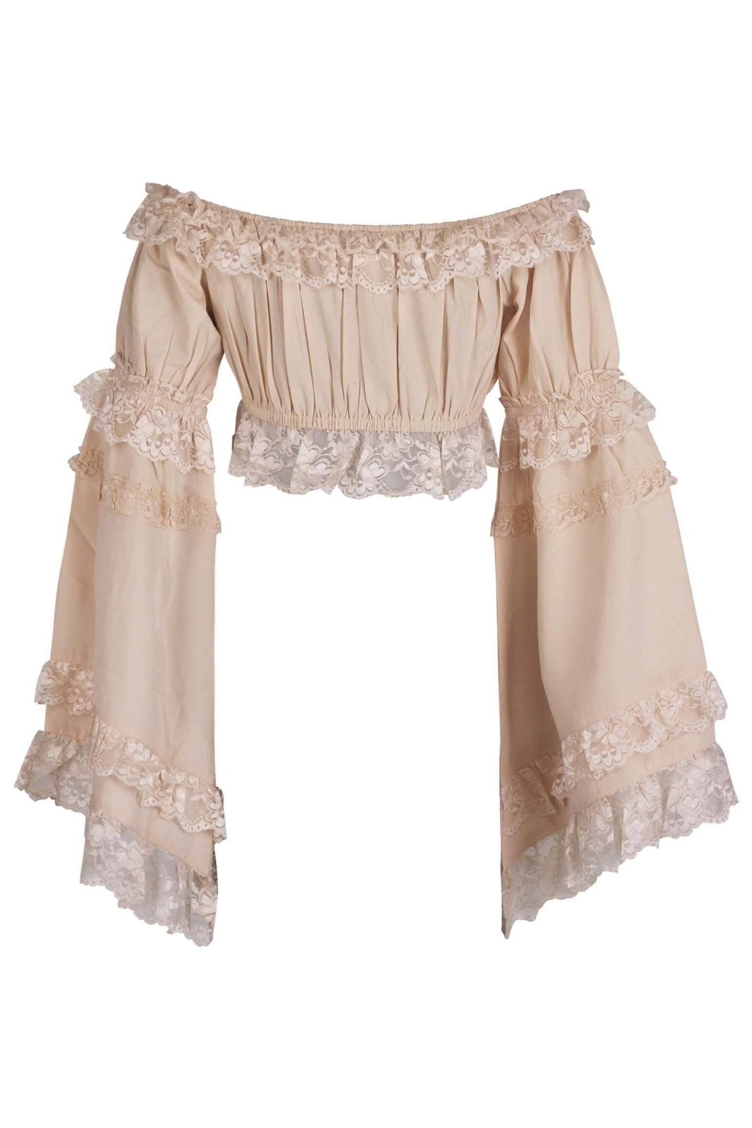 Daisy Corsets - Wholesale Blouse - Women's - Beige Smocked Flare Sleeve Peasant Top2