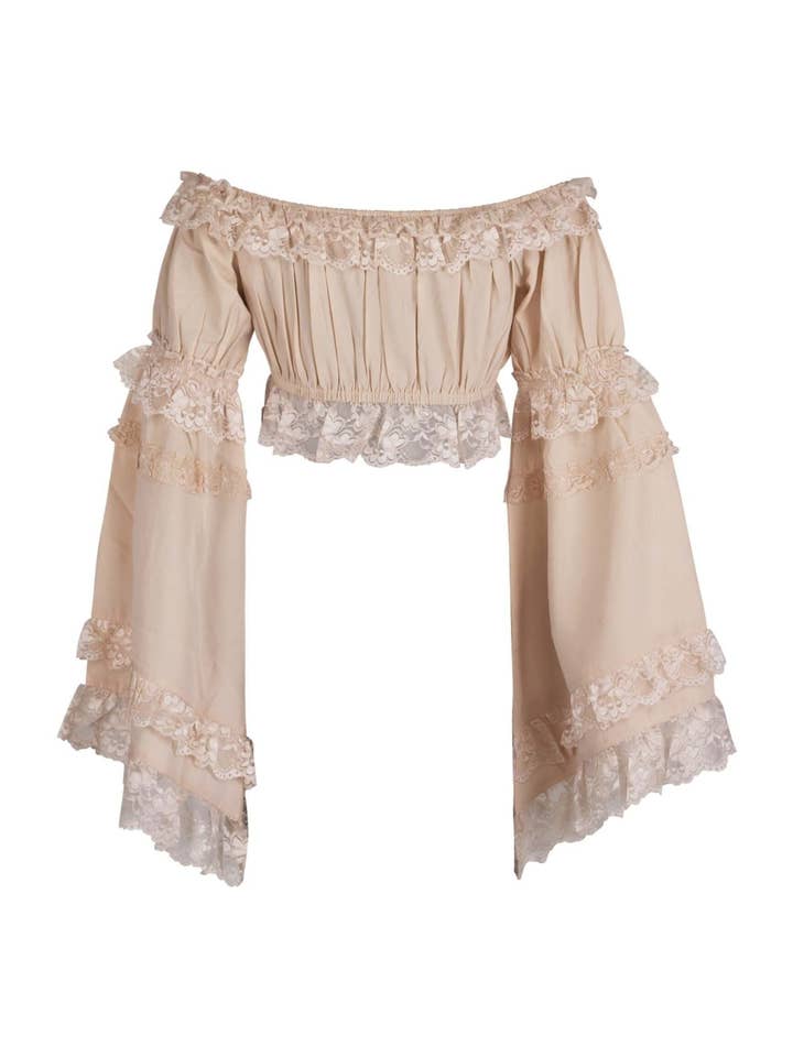 Daisy Corsets - Wholesale Blouse - Women's - Beige Smocked Flare Sleeve Peasant Top2