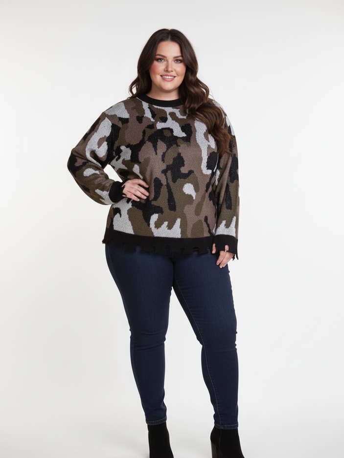 Plus size military print sweater (JX100) for wholesale by Pomme Rouge Paris