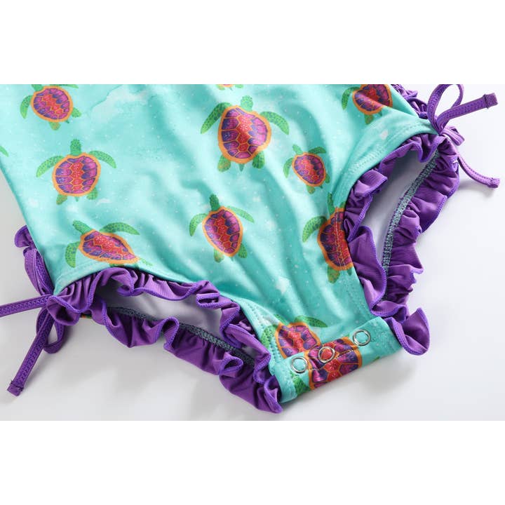 Lil Cactus - Wholesale Rashguard Set - Kids - Special Purchase - Turquoise Turtle Ruffle Swimsuit