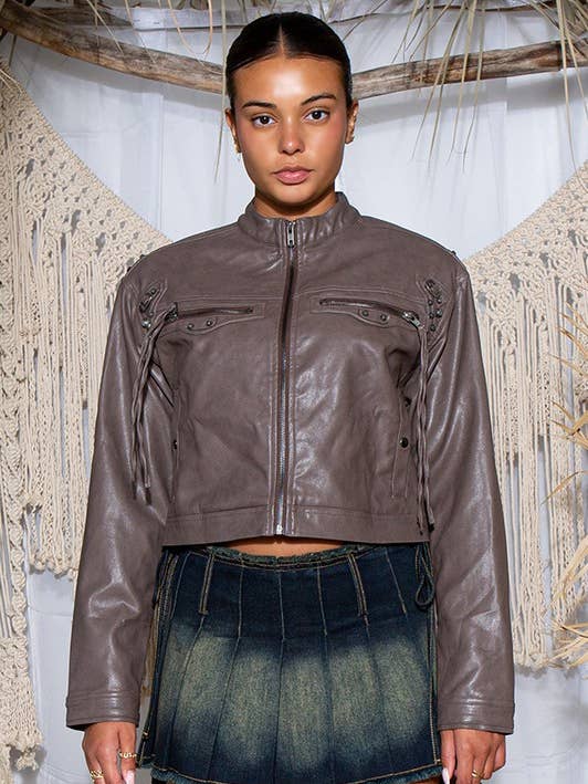 Veganistisch leren jack met ritssluiting en studs voor wholesale door Rehab Lab