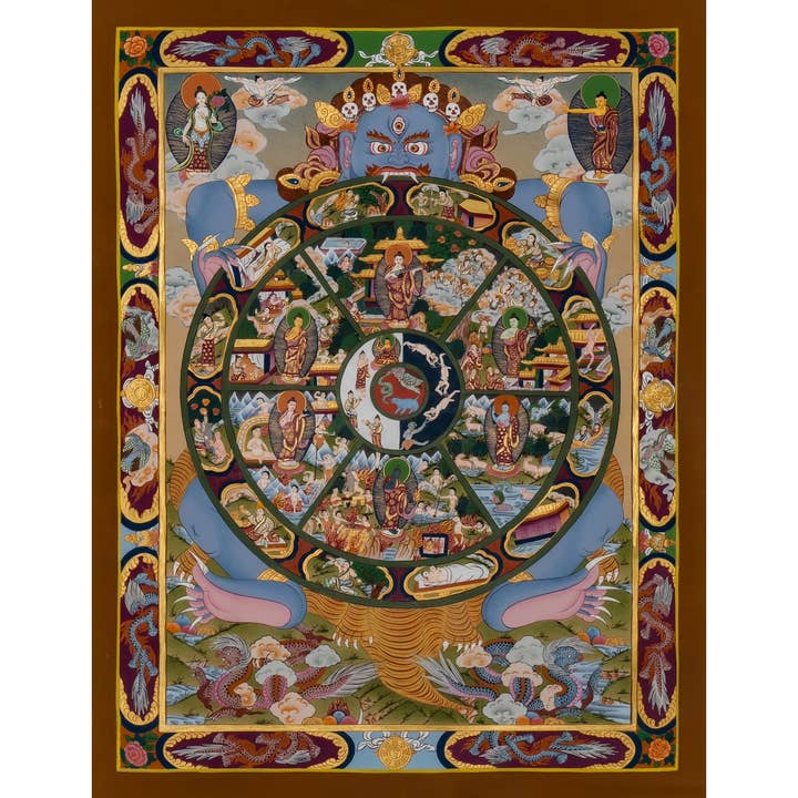 Roue Mystique de la Vie Thangka – Le Voyage de la Renaissance pour la vente par Boudha Stupa Thanka Centre