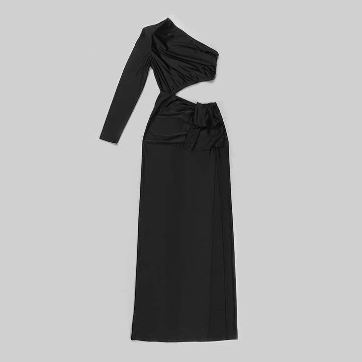 Black SY057 Elegant Split Long Dress with Oblique Shoulder for wholesale on Faire14