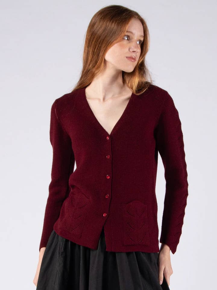 V-neck Herringbone Coat with Pockets in Merino Wool - Bordeaux for wholesale by Achega Knitwear