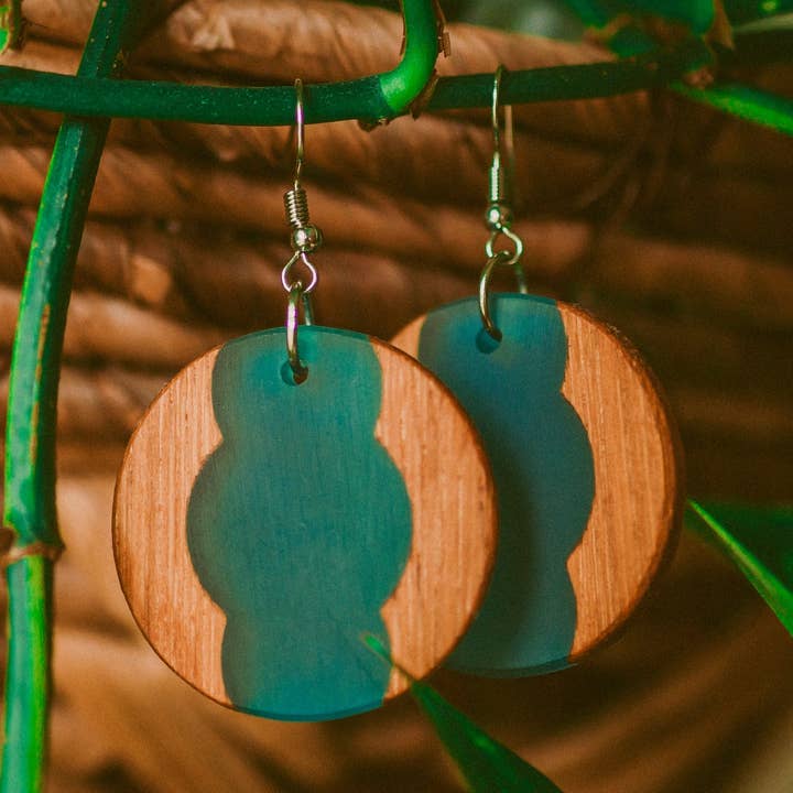Phoenix Handcrafted Wood & Blue Resin Dangle Earrings for wholesale by Wooden Element UK