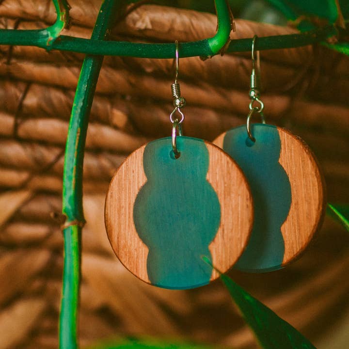 Phoenix Handcrafted Wood & Blue Resin Dangle Earrings for wholesale by Wooden Element UK