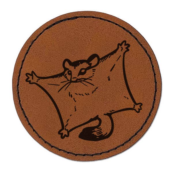 Sugar Glider Cute Flying Possum Round Iron-On Engraved Faux Leather Patch Applique - 2.5 Inch for wholesale by Sniggle Sloth