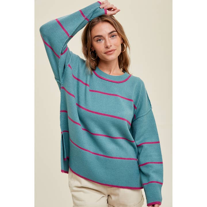 TEAL MAGENTA STRIPED SWEATER WITH SIDE SLITS / WL23-7610 for wholesale on Faire