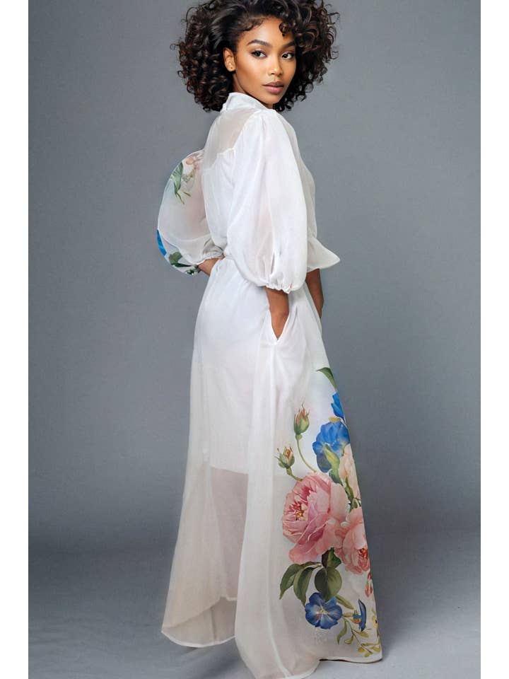 White A95012 SHEER FLORAL WRAP DRESS for wholesale on Faire1