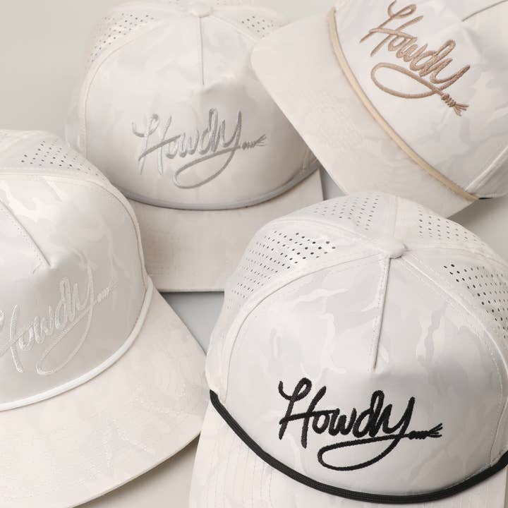 Howdy Embroidered White Camo Rope Strap Trucker Hat for wholesale by Fashion City