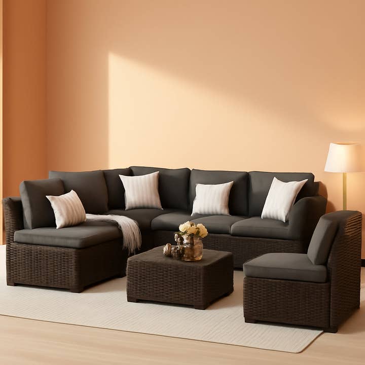 Grey Brown 7 Piece Outdoor Sectional Patio Set With Waterproof Cover for wholesale on Faire