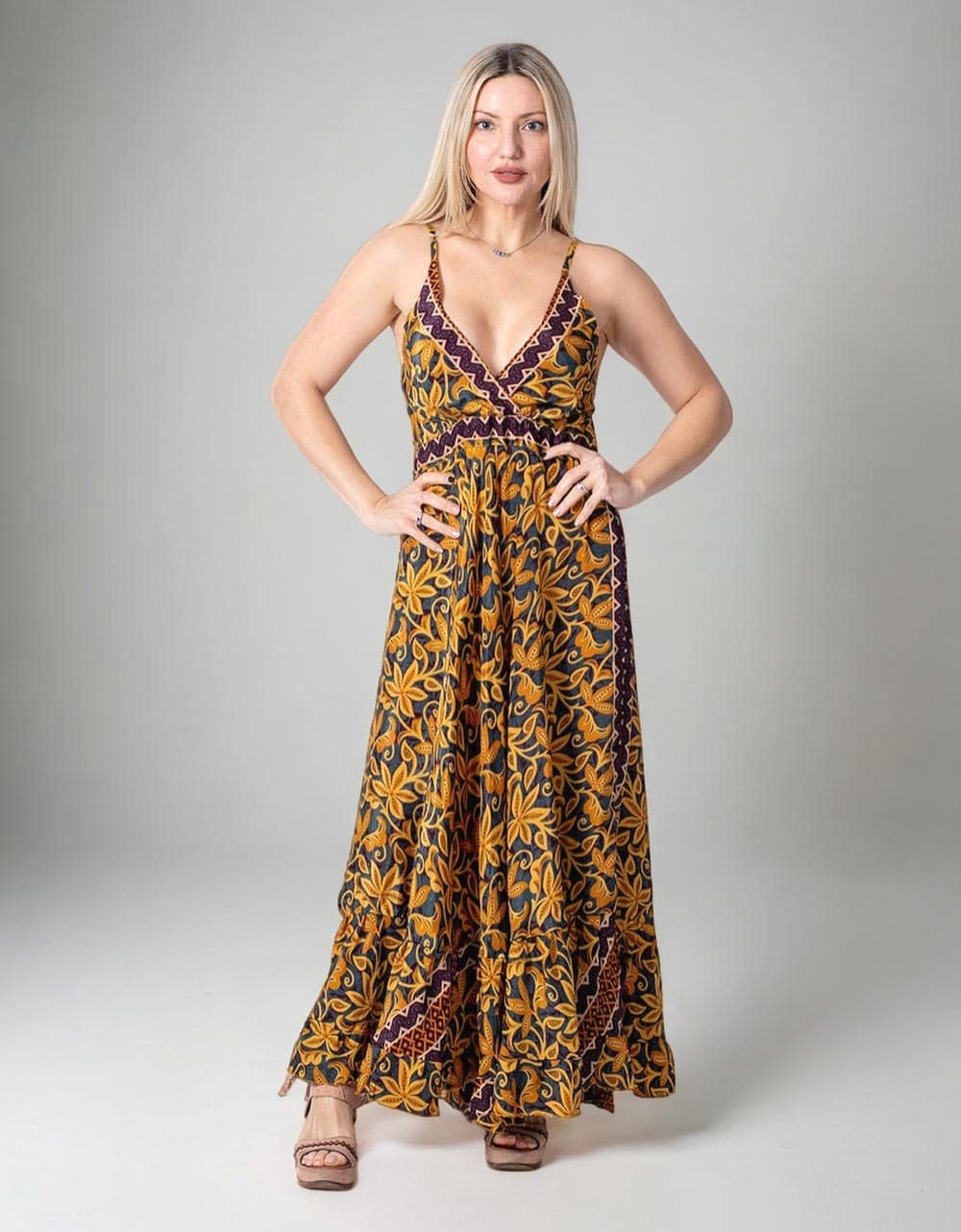 yellow KM2028A - V-neck Long Dress for wholesale on Faire2