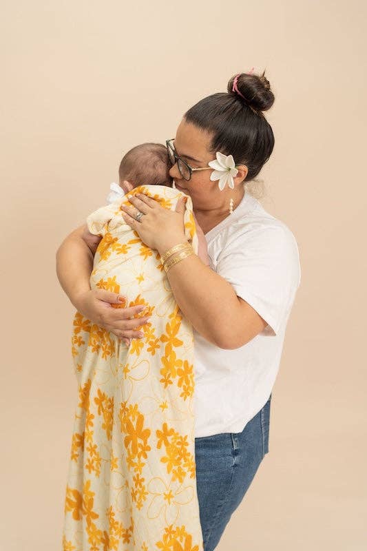 The Keiki Dept - Wholesale Swaddle - Baby - Yellow Pua Melia Kapa Moe - Hawaiian Bamboo Swaddle1