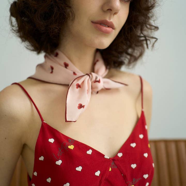 Pale Pink "Twin Hearts" Silk Crepe Bandana for wholesale on Faire4