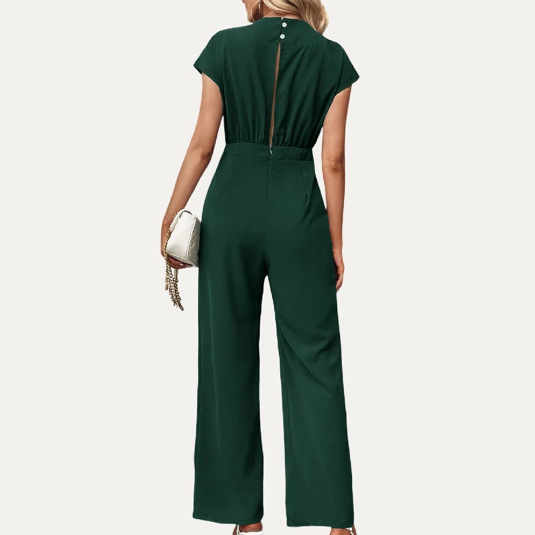 Shero Dark Green Solid Cross-Front Cap Sleeve Jumpsuit for wholesale on Faire7