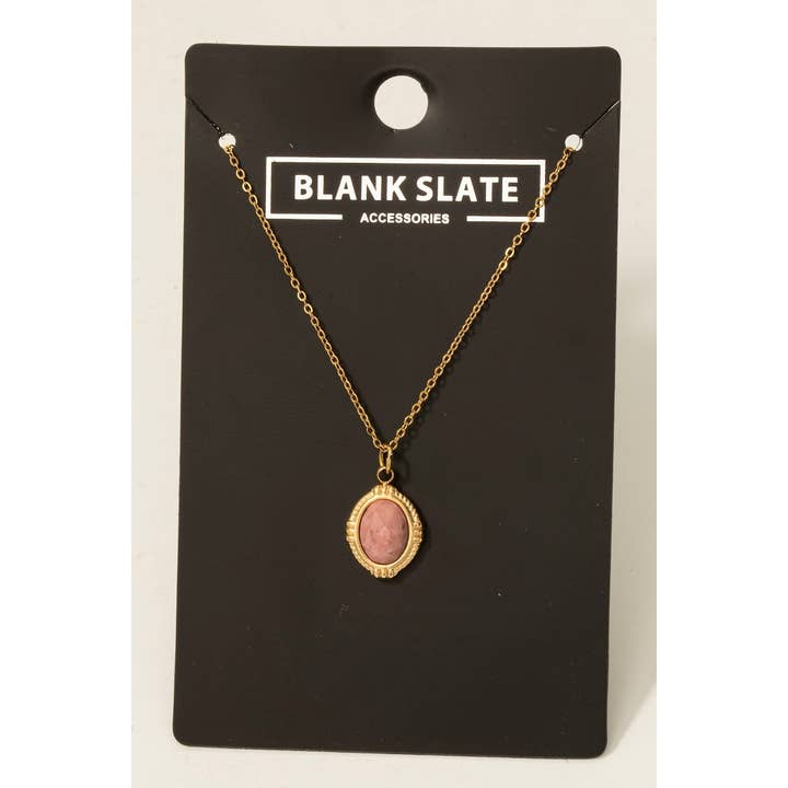 Fame Accessories - Wholesale Pendant/Charm Necklace - Stainless Steel Vintage Oval Stone Pendant Necklace5