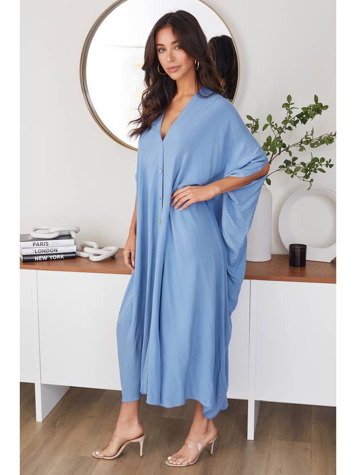 MILIO MILANO – Vestido - Mulher por atacado – VESTIDO CAFTAN BATWING COM BOTÕES NA FRENTE (821731-AZUL DENIM)1