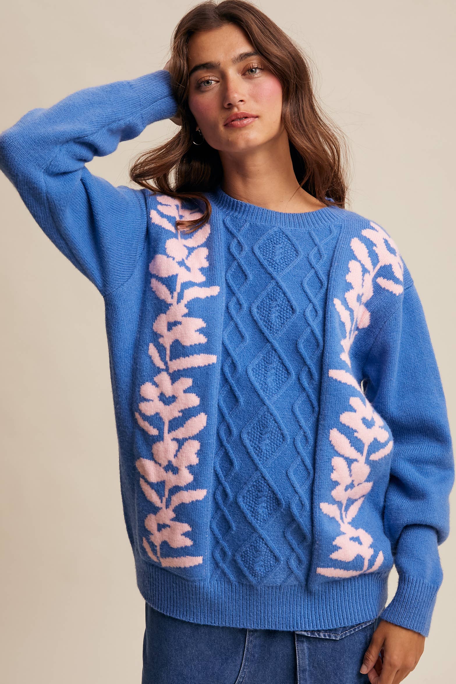 Listicle - Wholesale Knit Sweater - Women's - Floral Panel Cable Knit Sweater (LSW0880)4