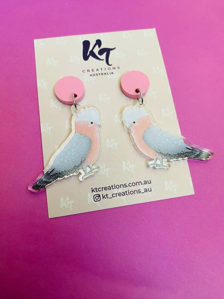 Gary Galah bird Acrylic Dangles - Australia Day earrings for wholesale by KT Creations Australia