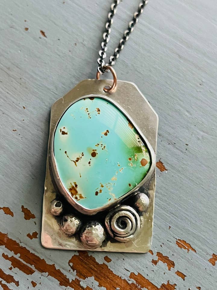 Pilot Mountain Turquoise Pendant with Silver Rose & Pearls for wholesale by Peaces of Indigo