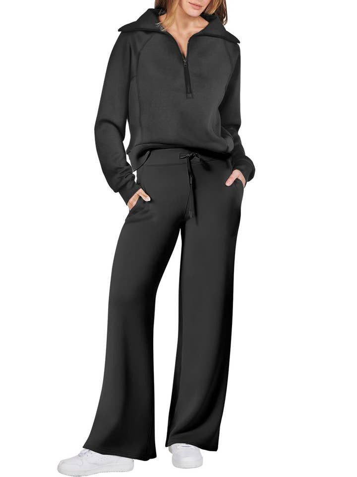 solid half zip Long sleeve sweatshirt wide leg Relaxed set for wholesale by Rosa Clothing