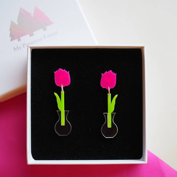 Pendientes acrílicos con forma de tulipán, pendientes de metacrilato ligero con flores para venta al por mayor de My Papercut Forest