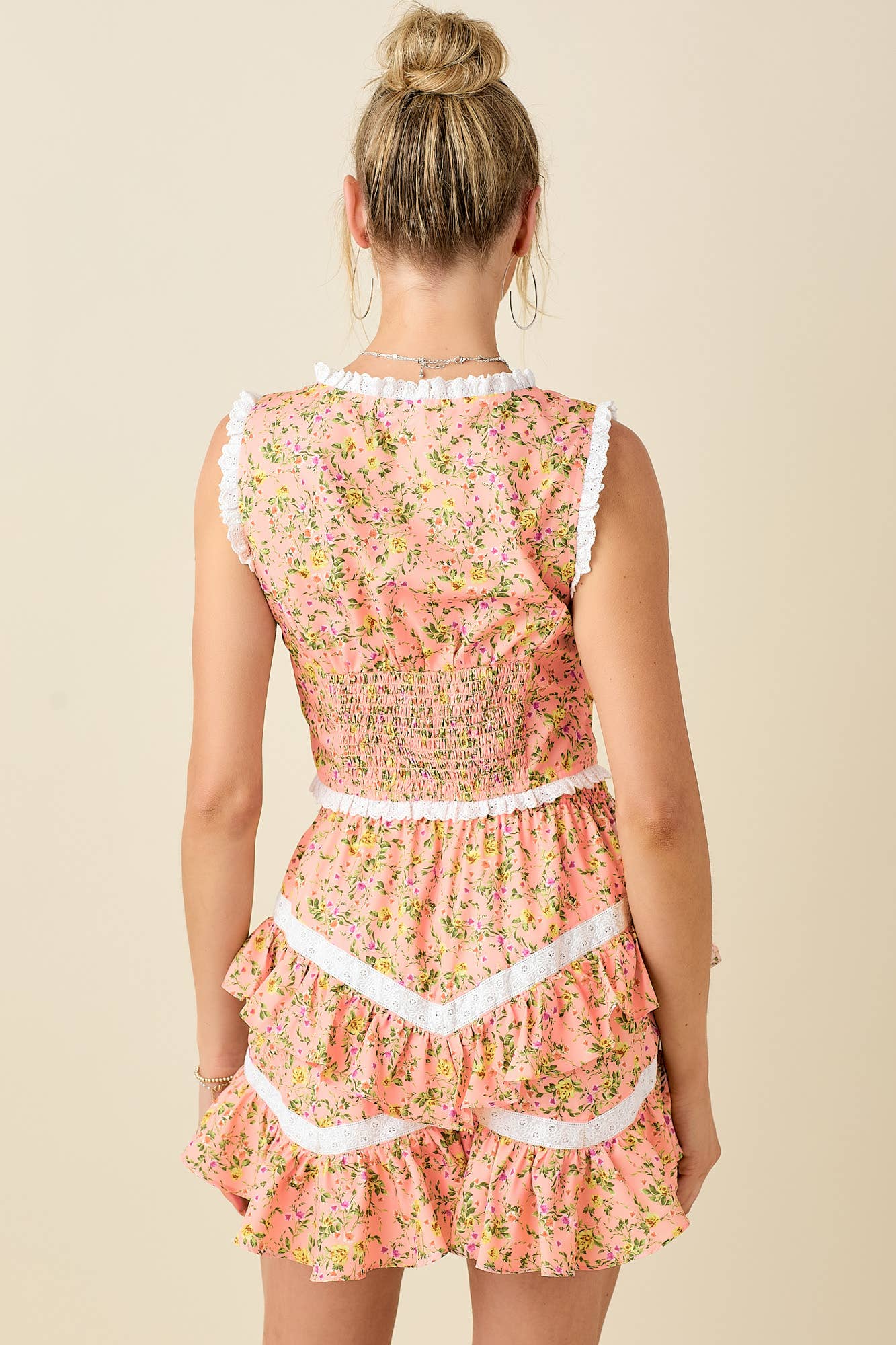 SALMON ORANGE Printed contrast lace detailed corset style cropped top for wholesale on Faire9