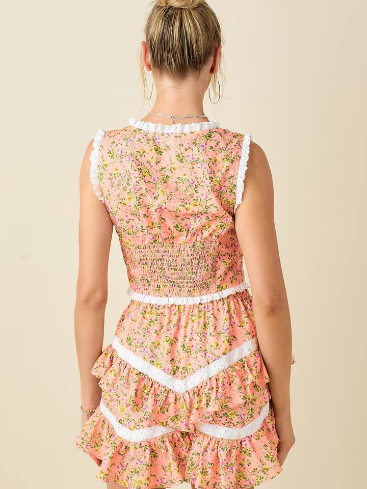 SALMON ORANGE Printed contrast lace detailed corset style cropped top for wholesale on Faire9