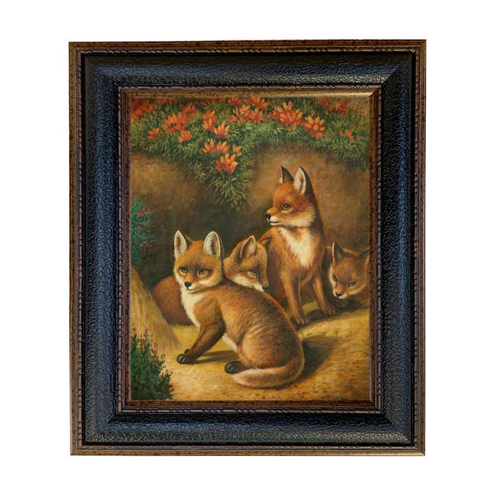 Four Young Foxes by Carter Framed Painted Print on Canvas for wholesale by Madison Bay Co. - Historical Home Decor Reproductions