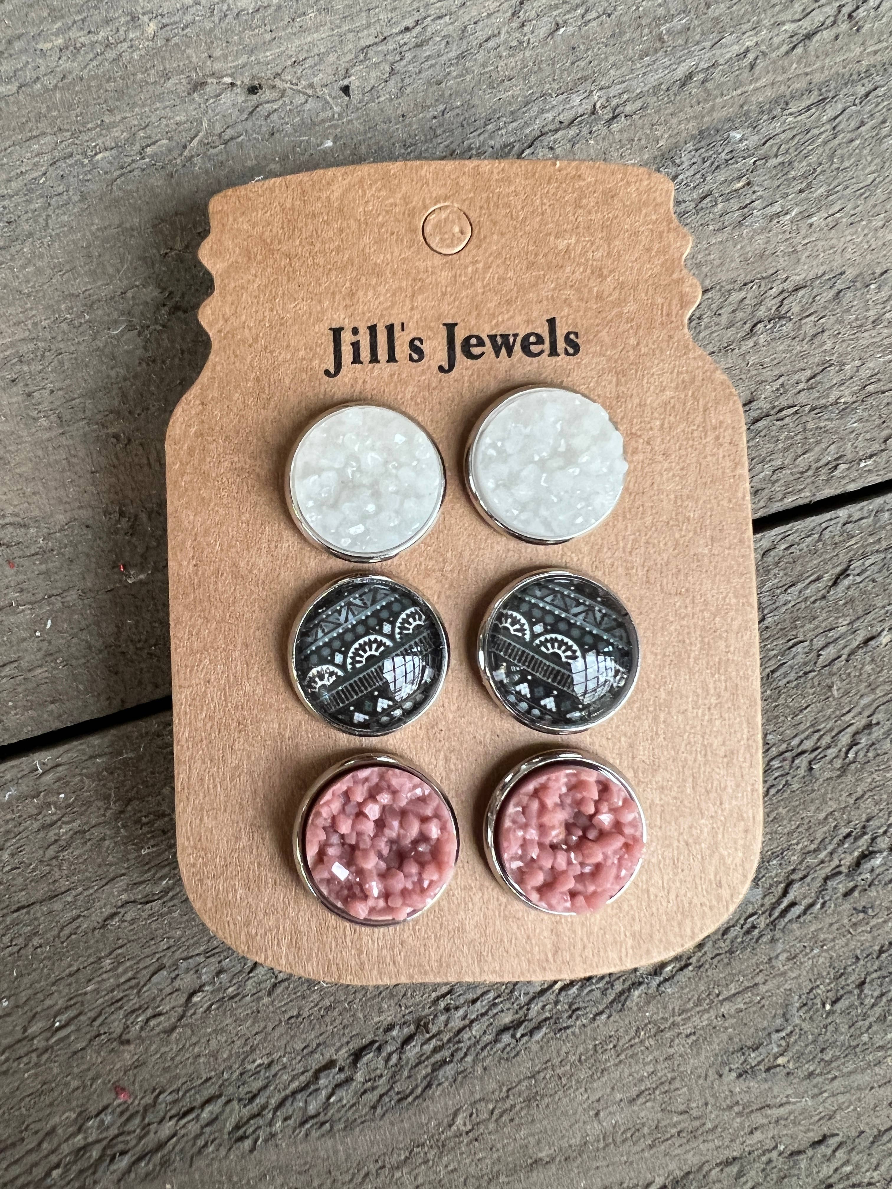 Jill's Jewels - Wholesale Jewelry Set - Black Aztec triple Faux Druzy 3 Earring Set )1