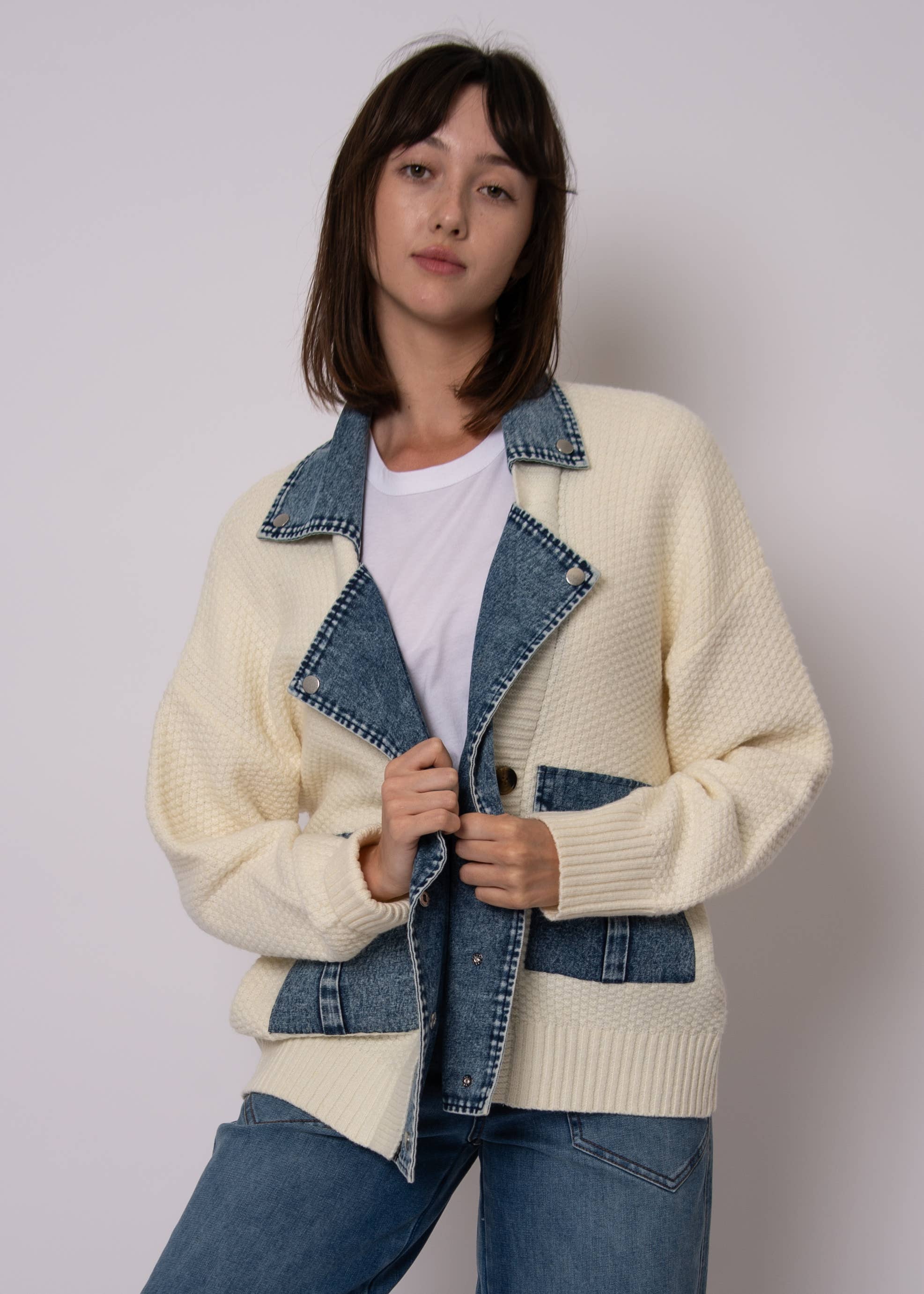 CBC IVORY MONET LONG SLEEVE SHAWL NECK DENIM COMBO CARDIGAN- 57S260S for wholesale on Faire2