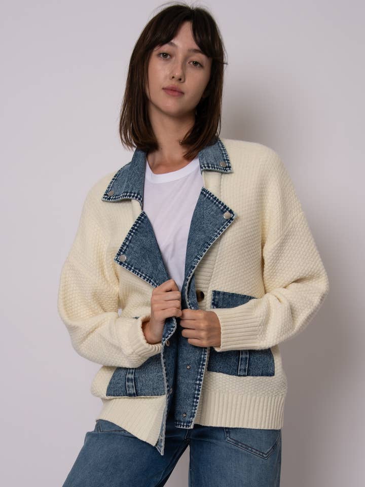 CBC IVORY MONET LONG SLEEVE SHAWL NECK DENIM COMBO CARDIGAN- 57S260S for wholesale on Faire2