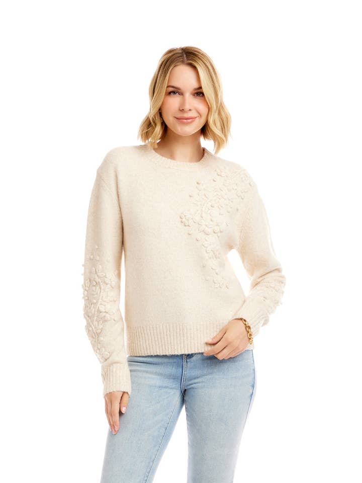 Leichte Haferflocken Handbestickter Pullover mit Blumendetail für den Großhandel auf Faire1