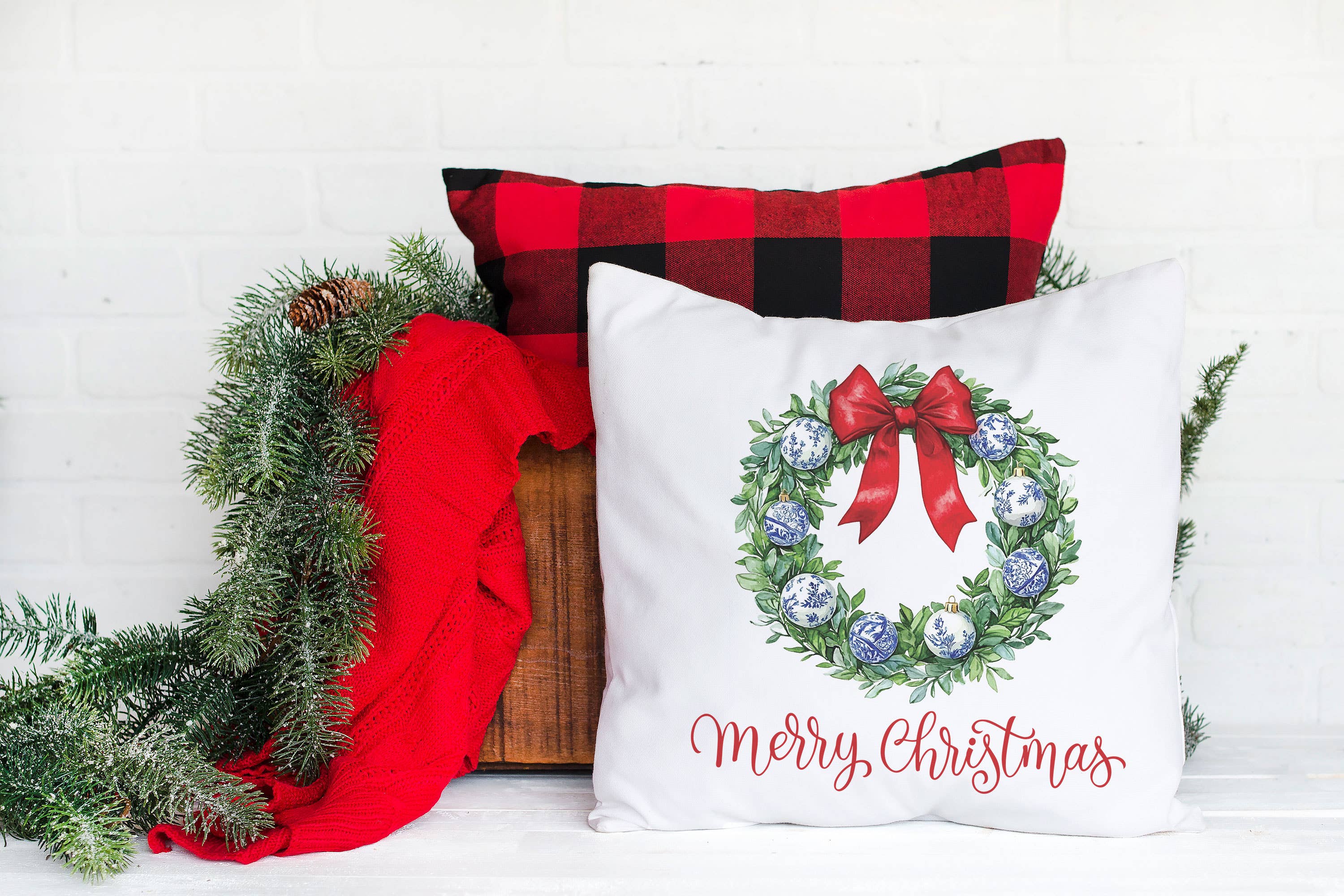 Canary Road - Wholesale Throw/Decorative Pillow - Chinoiserie Blue Christmas Holiday Pillow Decor Preppy