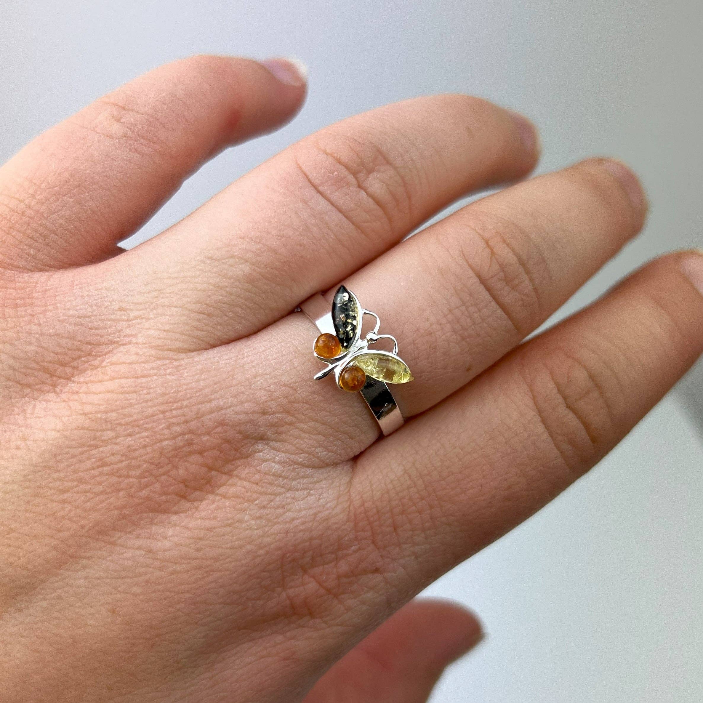 Mix 925 Sterling Silver & Genuine Baltic Amber Butterfly Adjustable Ring - AR15 for wholesale on Faire1