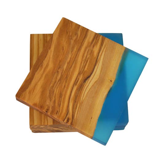 Olive Wood Coasters with Blue Resin Edge - Set of 4 for wholesale by Naturally Med Inc.