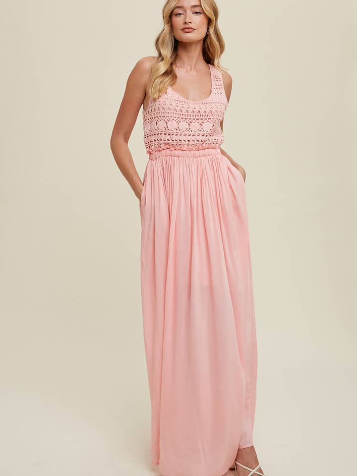 CROCHET LACE DETAIL MAXI DRESS WITH SIDE POCKETS / WL22-6343 for wholesale by Wishlist Apparel