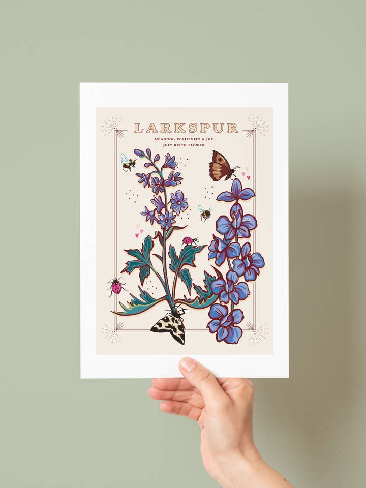Larkspur July Birth Flower Wall Art Print A4 Unframed for wholesale by Angie Spurgeon Illustration and Design
