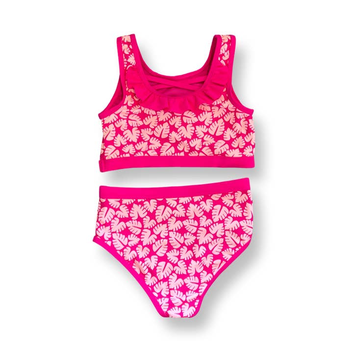 Two Piece in Deep Pink Monstera Leaves for wholesale by Little Lilo Hawaii