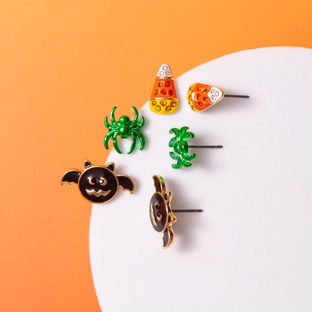 SP Sophia Collection - Wholesale Stud/Post Earrings - 3-Pack Halloween Earrings – Enamel Bat, Spider & Candy Corn0