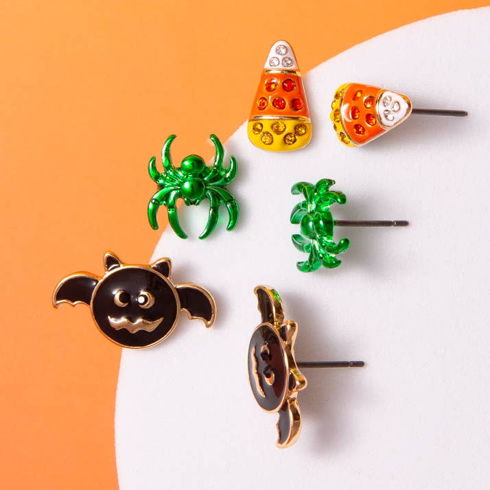 SP Sophia Collection - Wholesale Stud/Post Earrings - 3-Pack Halloween Earrings – Enamel Bat, Spider & Candy Corn0