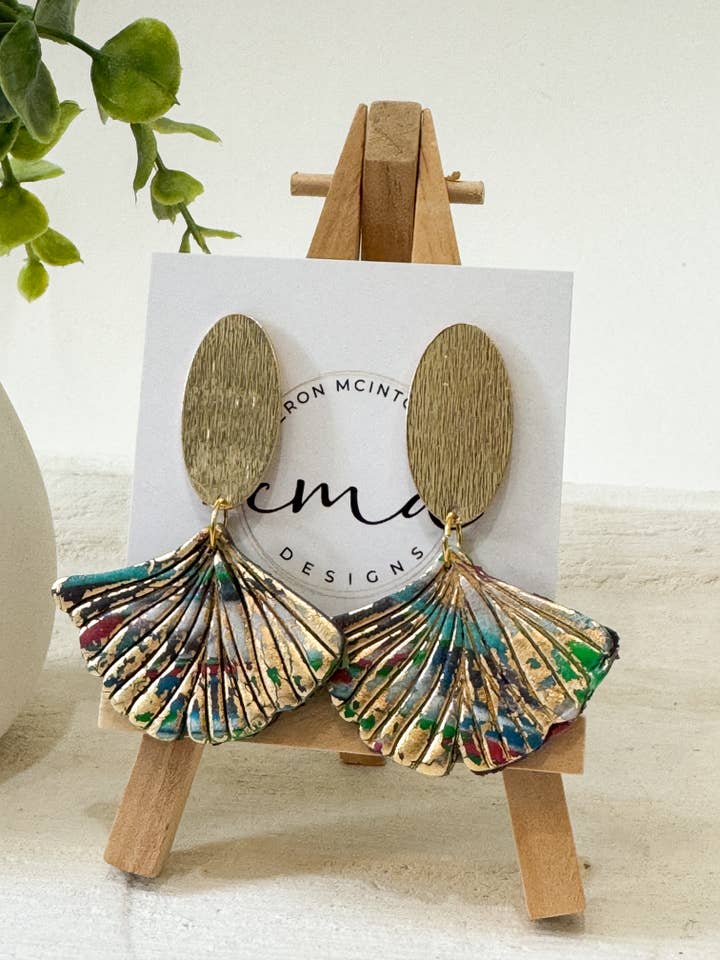 Multicolor Clay & Gold Leaf Gingko Earrings on Oval Post for wholesale by Cameron McIntosh Designs