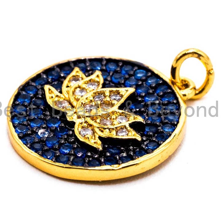 BestBeads&Beyond - Wholesale Individual Charm/Pendant - Cobalt CZ Micro Pave Lotus Flower on Disc Round Charm/Pendant, Cobalt CZ in Gold Rose, Black Gold, Silver Finish, Lotus Charm 16mm, sku#Y242